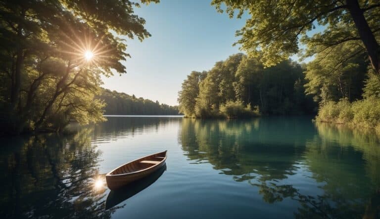 A serene lake with a rowboat gliding through calm waters, surrounded by lush green trees and a clear blue sky