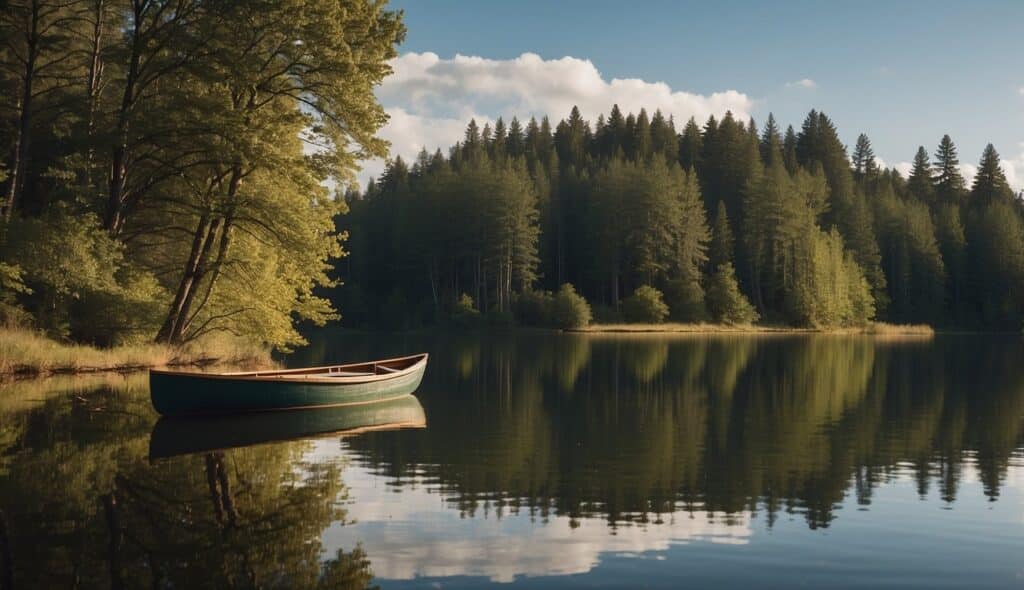 A calm lake with a rowboat gliding through the water, oars dipping in and out rhythmically. Trees line the shore, their reflections mirrored in the glassy surface