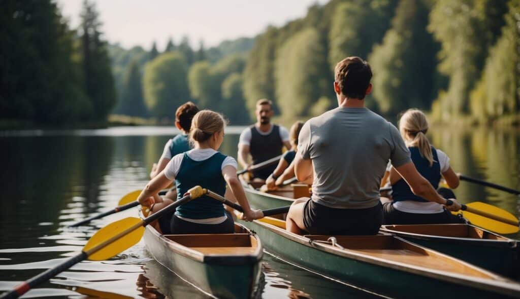 A calm lake with rowing boats, beginners practicing rowing techniques, coach giving instructions, and a serene natural backdrop