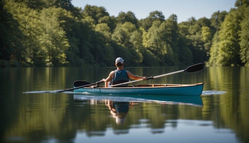 A beginner rower on a calm lake, surrounded by lush green trees and a clear blue sky. The rower's boat glides smoothly through the water, creating gentle ripples in its wake