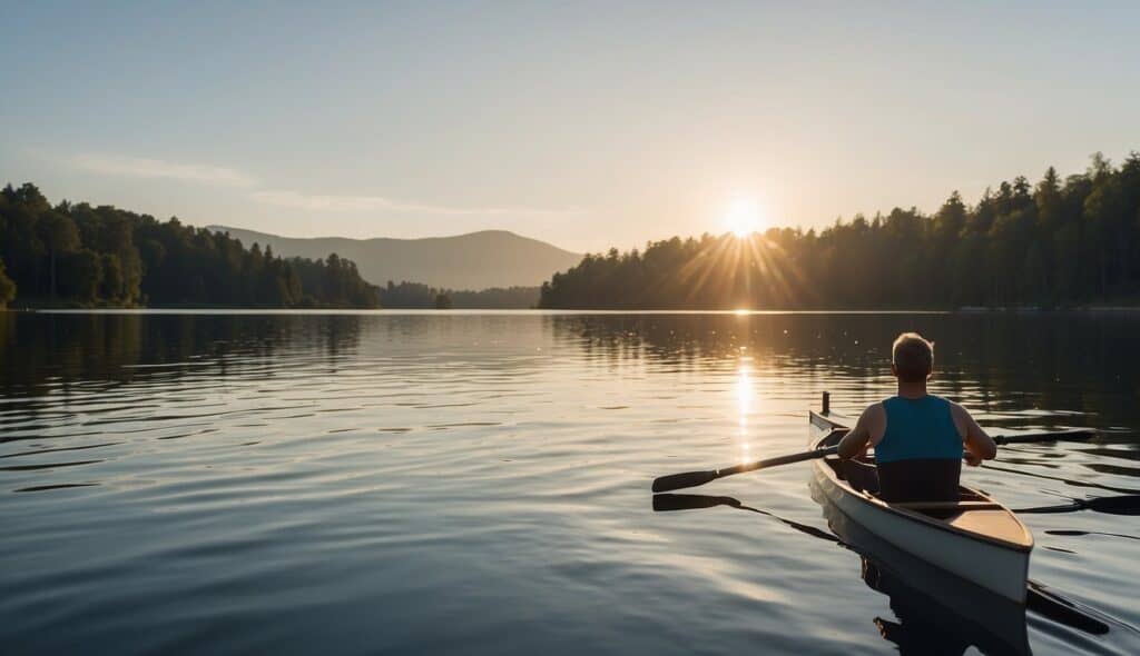 A beginner rower follows training tips on a calm lake, with a coach giving instructions from a nearby dock. The rower's boat cuts through the water, creating small ripples as they practice their technique