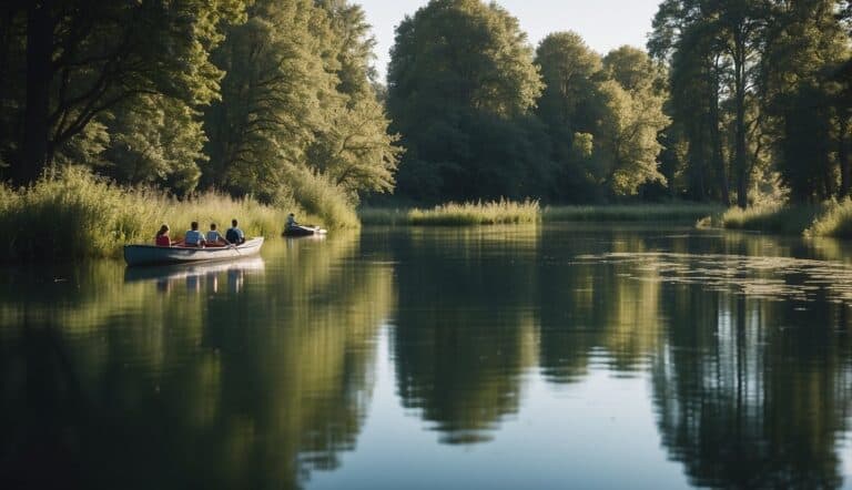 Rowing history: A serene river with rowing boats gliding on the water, surrounded by lush green trees and a clear blue sky