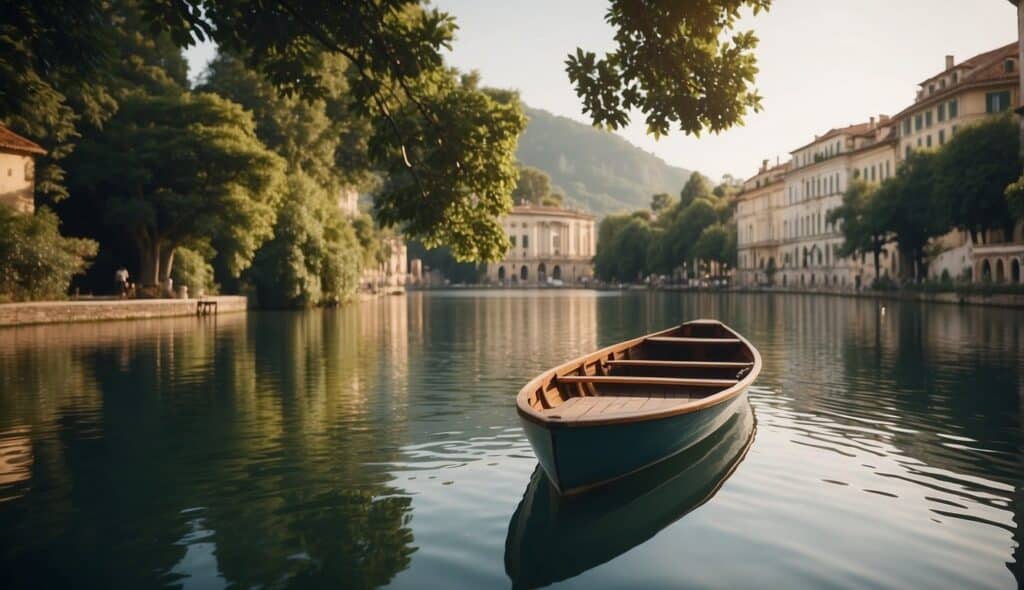 A rowing boat gliding through calm waters, surrounded by lush greenery and historical architecture