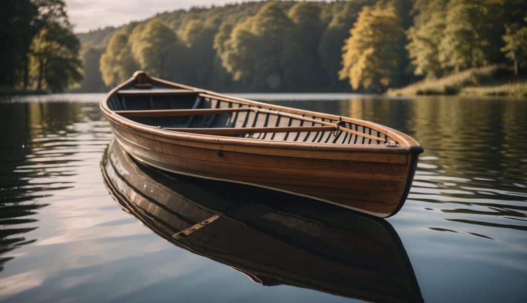 A rowing boat sits on the calm water, surrounded by historical artifacts and technical equipment, showcasing the progress and materials used in the sport