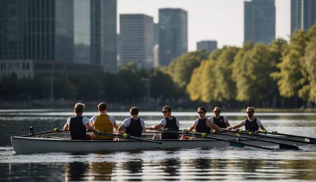 A rowing team glides across a tranquil river, surrounded by modern buildings. The history of rowing is depicted in the background