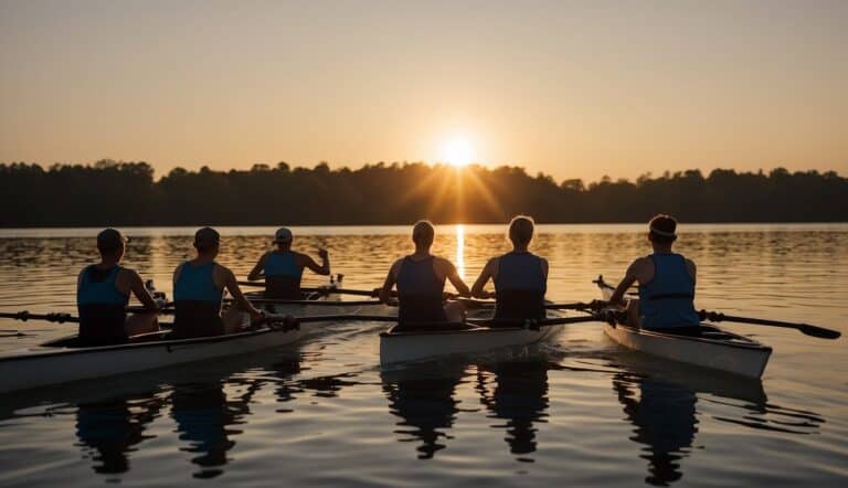 A rowing coach stands by the water, holding a clipboard and pen. A group of rowers are on the water, practicing their strokes in sync. The sun is setting in the background, casting a warm glow over the scene