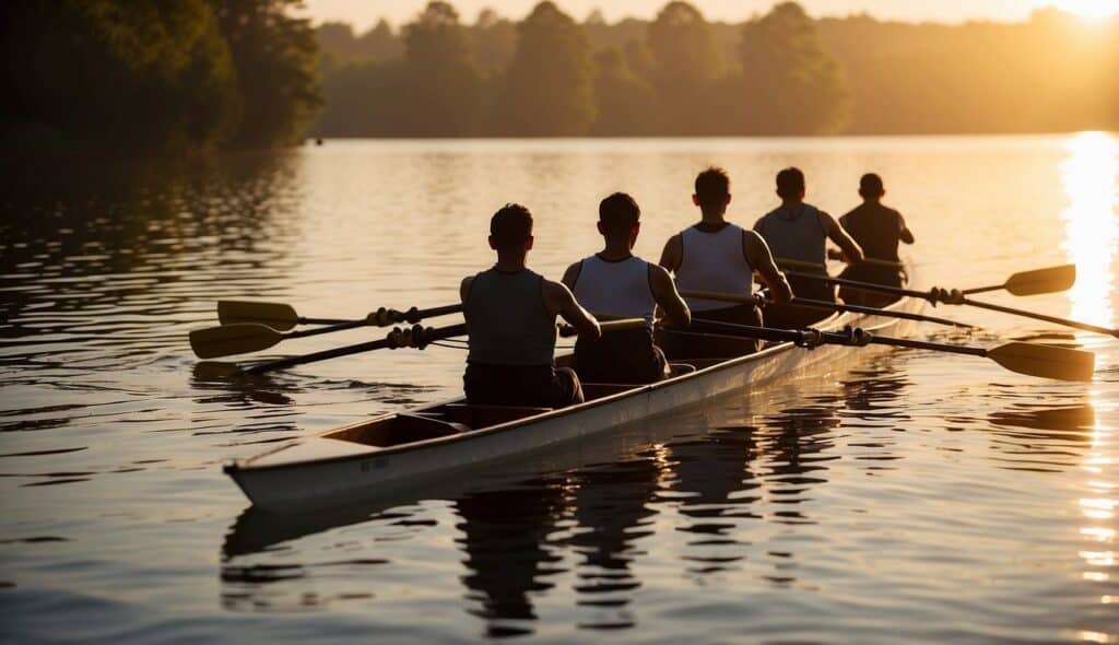 A rowing boat glides across calm water, oars dipping and pulling in unison. The early morning sun casts a golden glow on the water, as the rowers train with determination