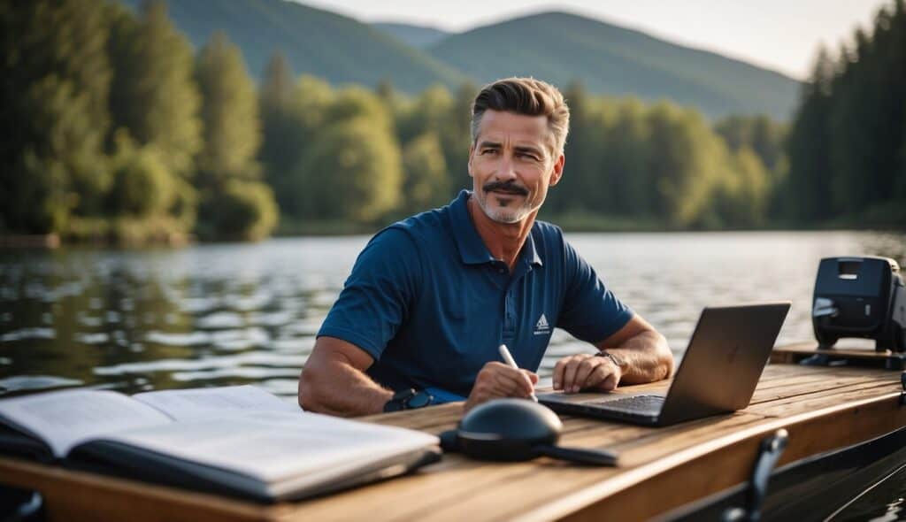 A coach creating personalized training plans for rowers of varying skill levels, with charts, equipment, and a serene river backdrop