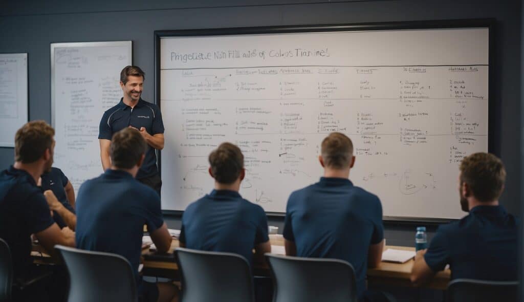 A rowing team's training plan and exercises being organized on a whiteboard