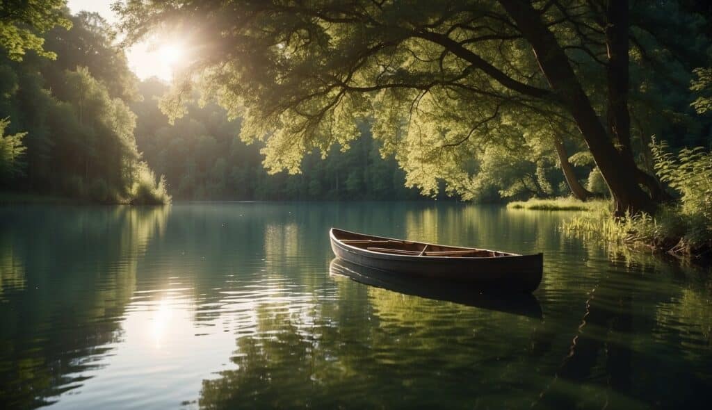 A serene lake surrounded by lush green trees, with a rowing boat and oars resting on the shore. The sunlight glistens on the calm water, creating a peaceful and rejuvenating atmosphere