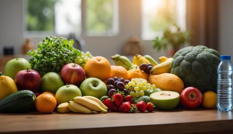 An array of fruits, vegetables, lean proteins, and whole grains arranged on a table, with a water bottle and sports drink nearby