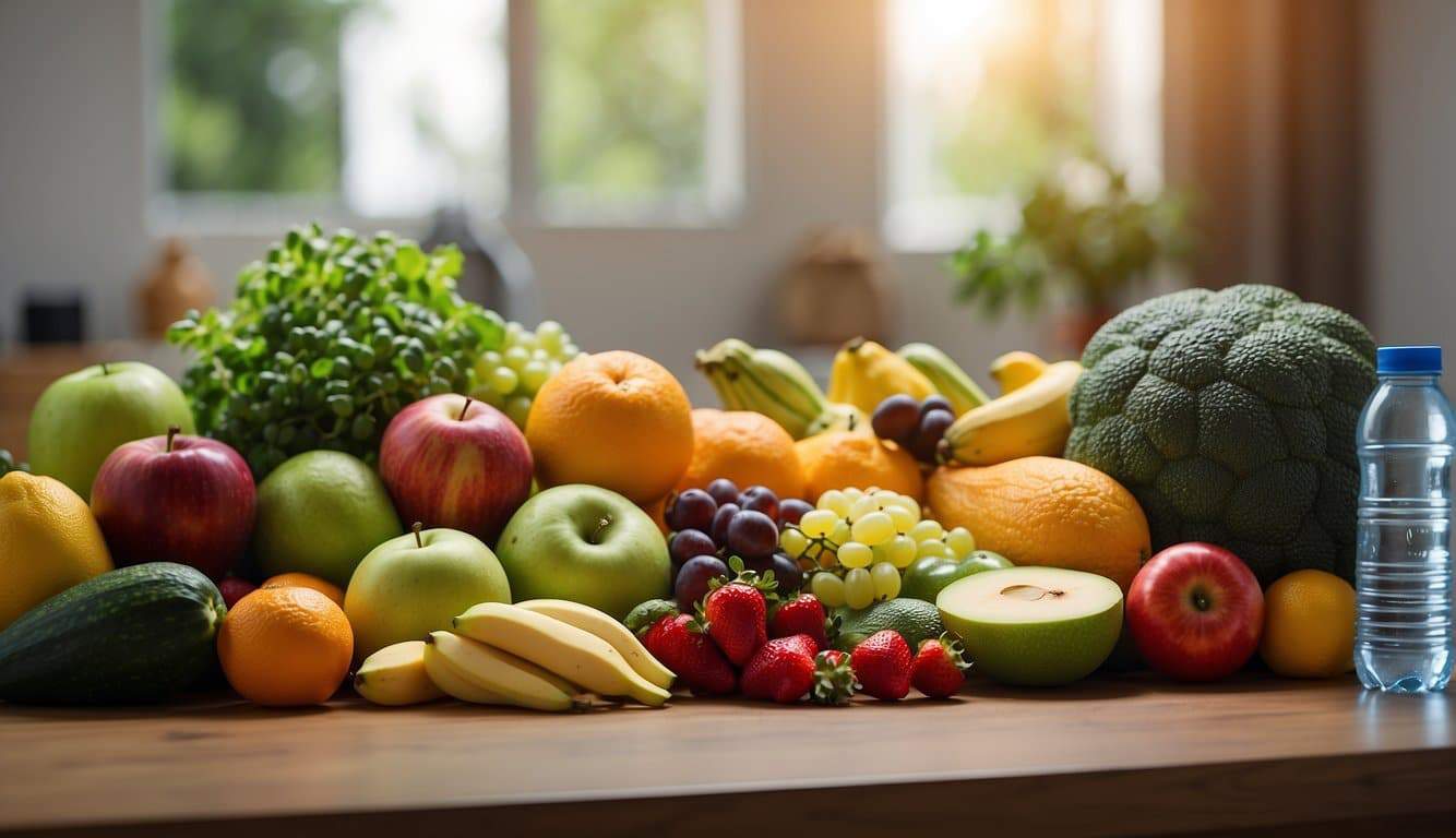 An array of fruits, vegetables, lean proteins, and whole grains arranged on a table, with a water bottle and sports drink nearby