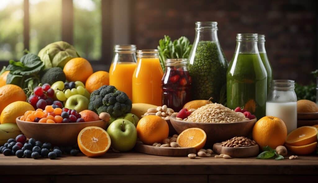 An illustration of a table with various types of food and drinks, such as fruits, vegetables, grains, and water, representing the basics of sports nutrition for endurance athletes