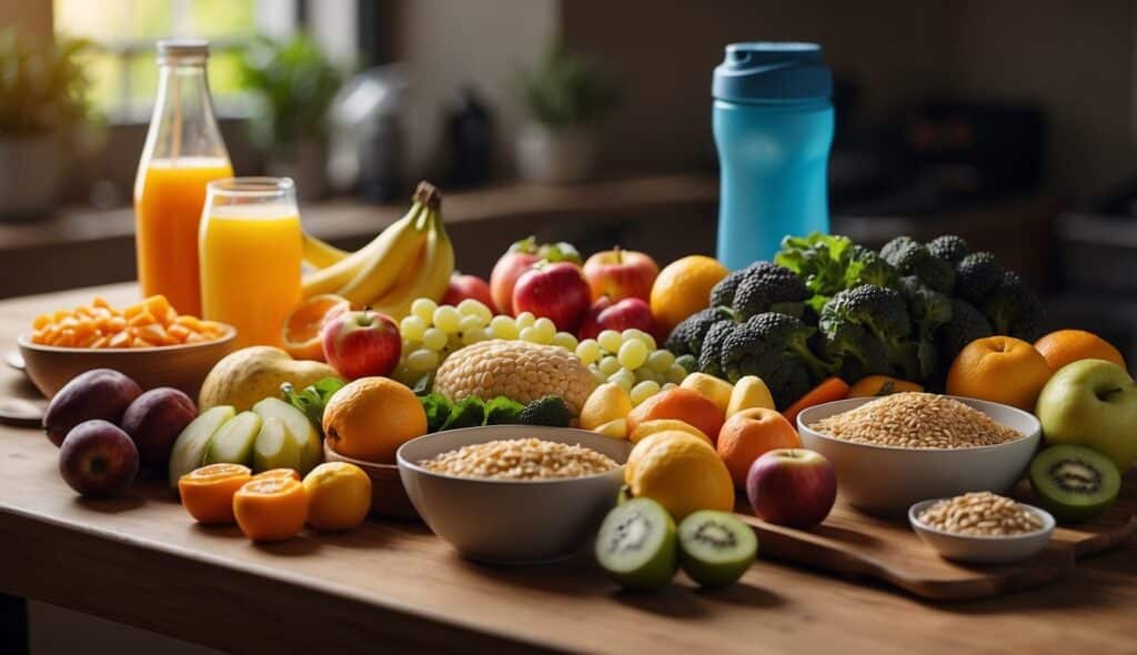 An illustration of a table filled with various foods such as fruits, vegetables, lean proteins, and whole grains, with a water bottle and sports drink nearby, representing nutrition strategies for endurance athletes