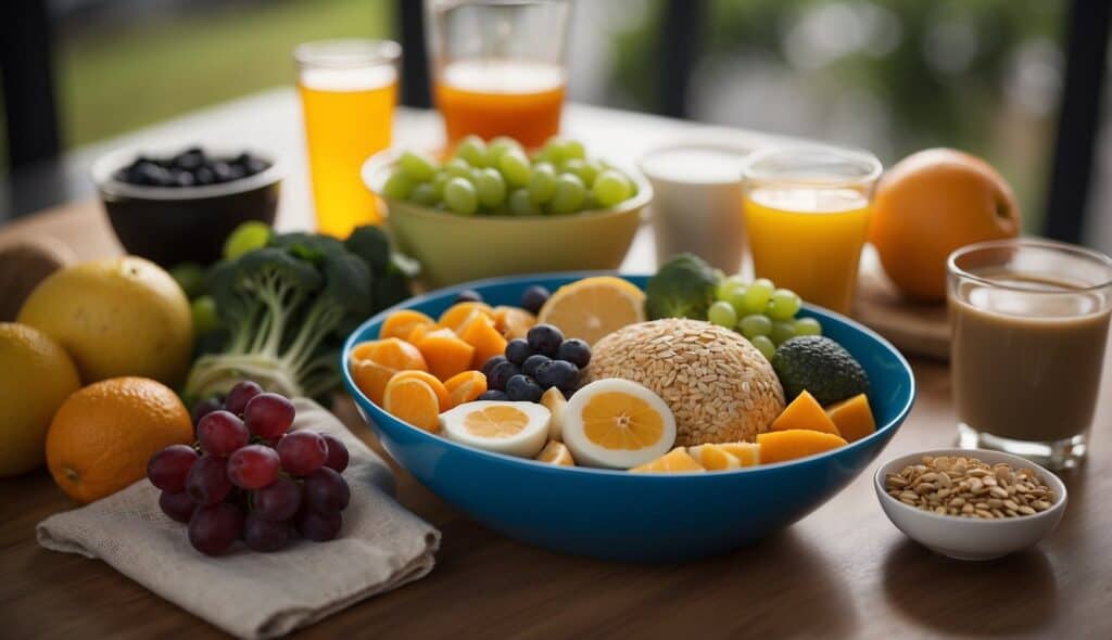 An athlete's table with a balanced meal, including fruits, vegetables, lean protein, and whole grains. A water bottle and sports drink are also present