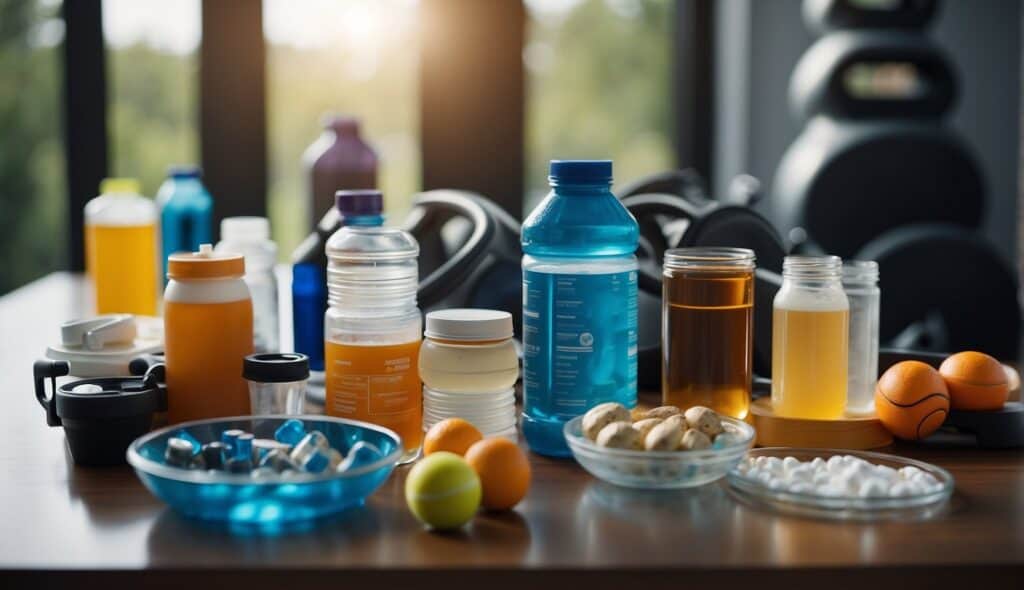 An athlete's table filled with supplements and sports drinks, surrounded by exercise equipment and a water bottle