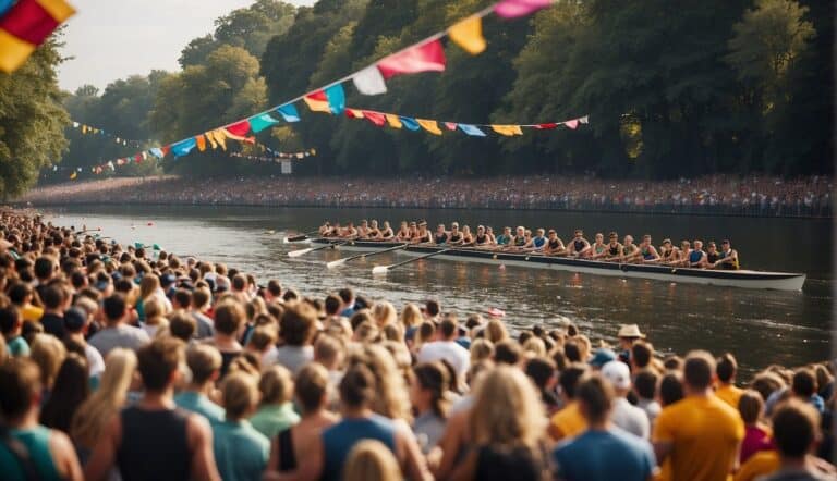 A crowded river filled with rowing teams, cheering spectators, and colorful flags lining the banks