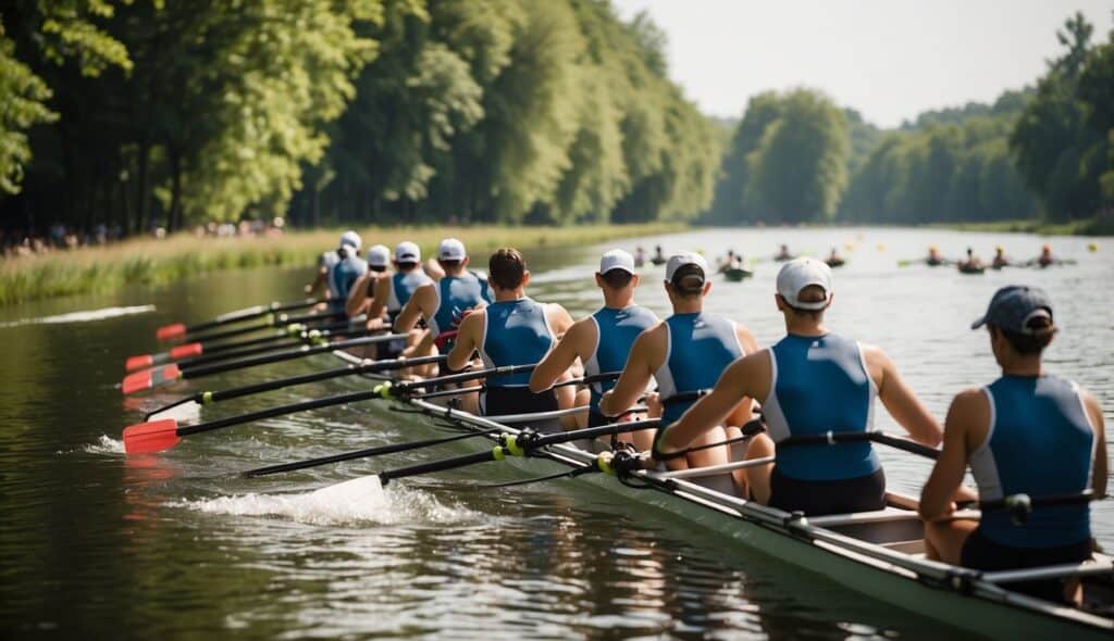 A rowing competition with multiple teams racing on a serene river, surrounded by lush greenery and cheering spectators on the banks