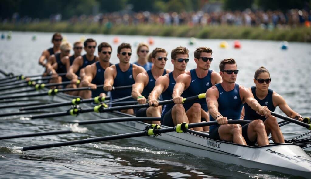 Various rowing competition classes and boat types at a bustling regatta