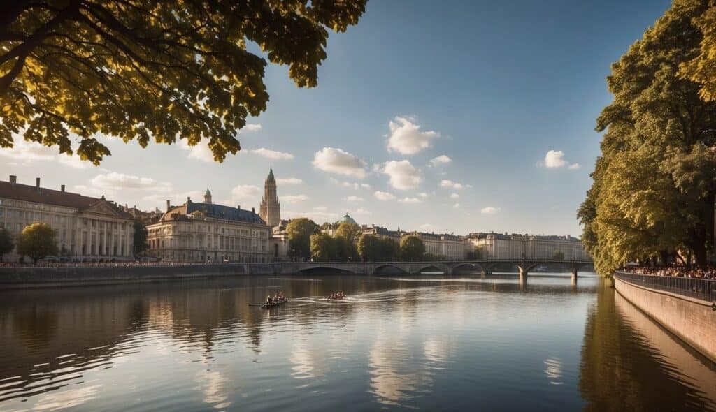 A serene river with historic buildings lining the banks, showcasing the cultural significance of rowing. A grand stadium in the distance hosts the biggest rowing competitions