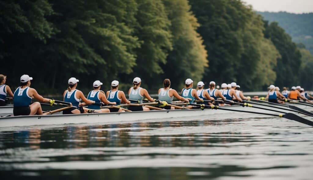 Rowing competition organization and execution. Illustrate a large rowing event with boats, oars, and spectators