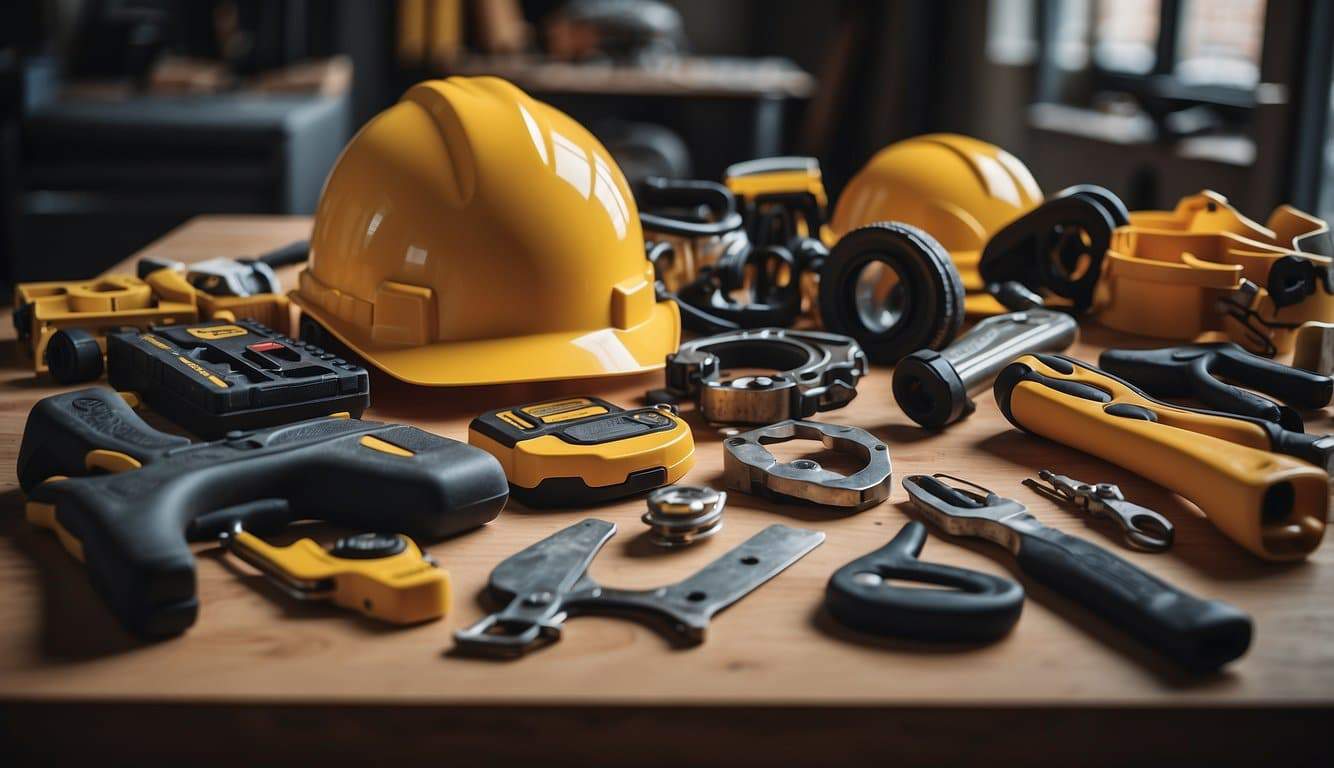 A table with a clutter of beginner's construction tools and safety gear