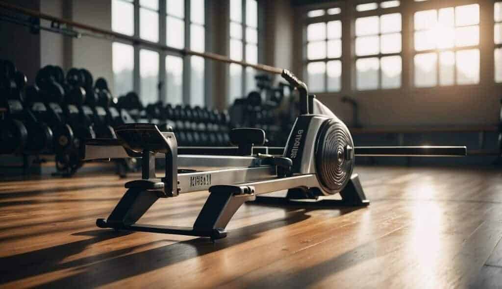 A rowing machine with oars and a beginner's guidebook on a gym floor