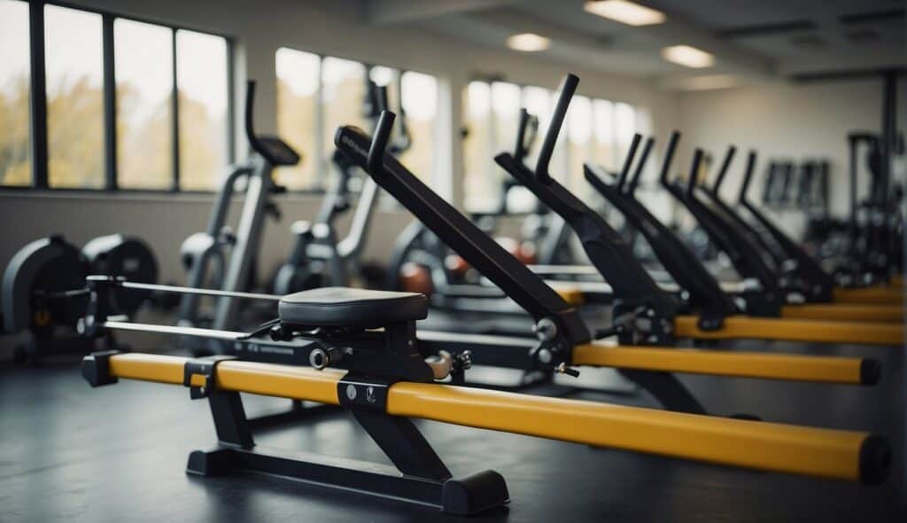 A rowing equipment set up for beginners with various exercise variations in a training room