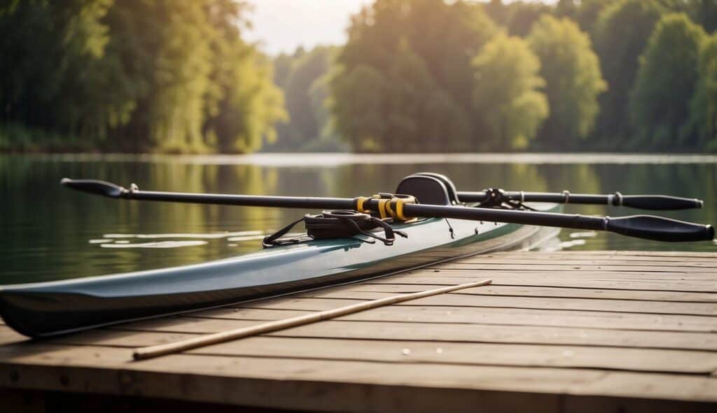 A table with various rowing equipment for beginners, including oars, paddles, and other accessories