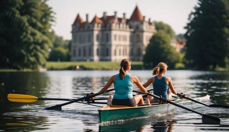 Women rowing on a serene lake with a historic building in the background