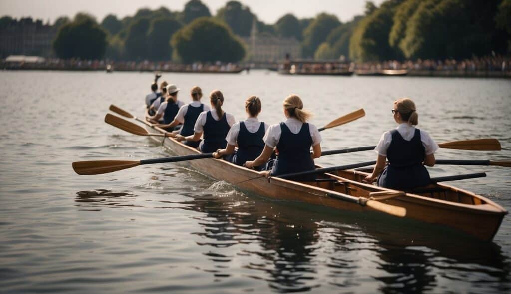 Women rowers in historic setting, launching boats, wearing traditional rowing attire, with spectators cheering from the shore