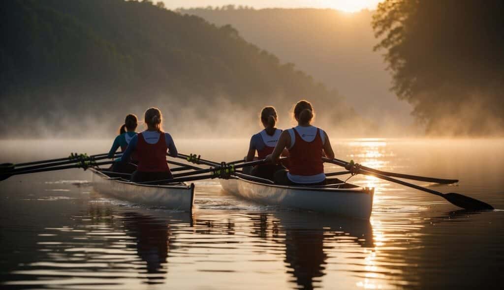 Women rowers training on a tranquil river at dawn, with mist rising from the water and the sun casting a warm glow on the surrounding landscape