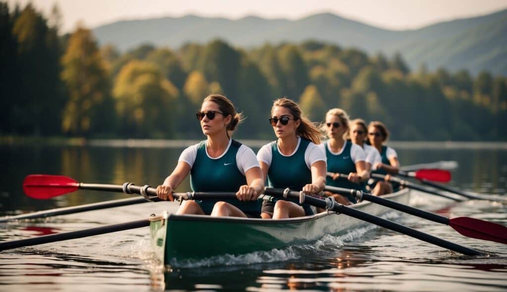 A group of women rowing together on a serene lake, their oars slicing through the water with determination and grace