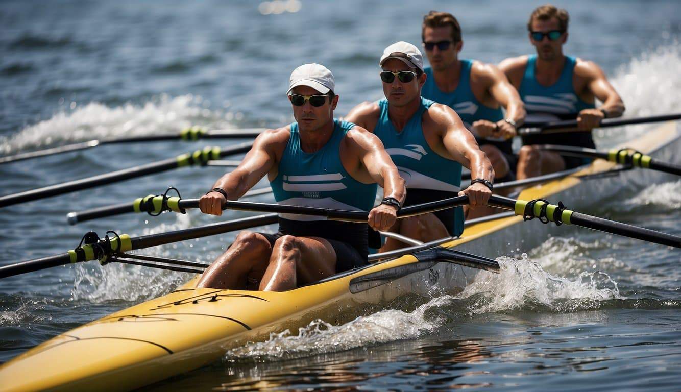 Rowers in a racing shell, synchronized in motion, oars slicing through the water, creating ripples behind the boat