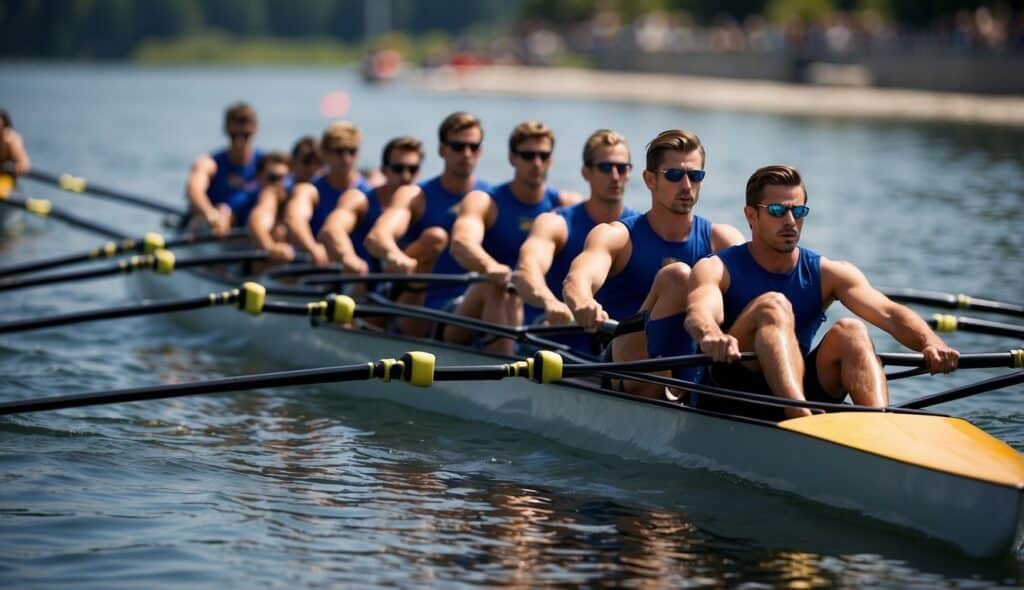 Eight rowers in a boat, synchronized strokes, oars cutting through water, coxswain steering, teamwork and precision