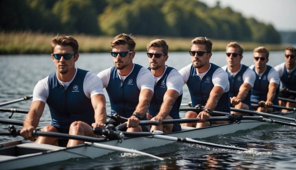 A rowing team follows safety rules and techniques in an eight-person boat