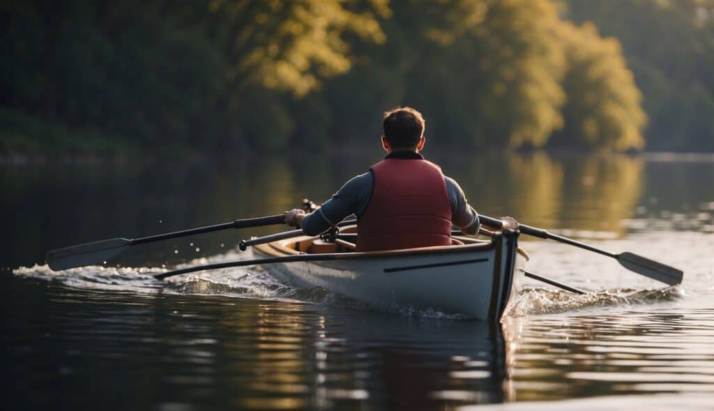 A rowing boat glides smoothly on a calm river, oars slicing through the water with precision. The rowers maintain proper posture and technique, their movements fluid and coordinated