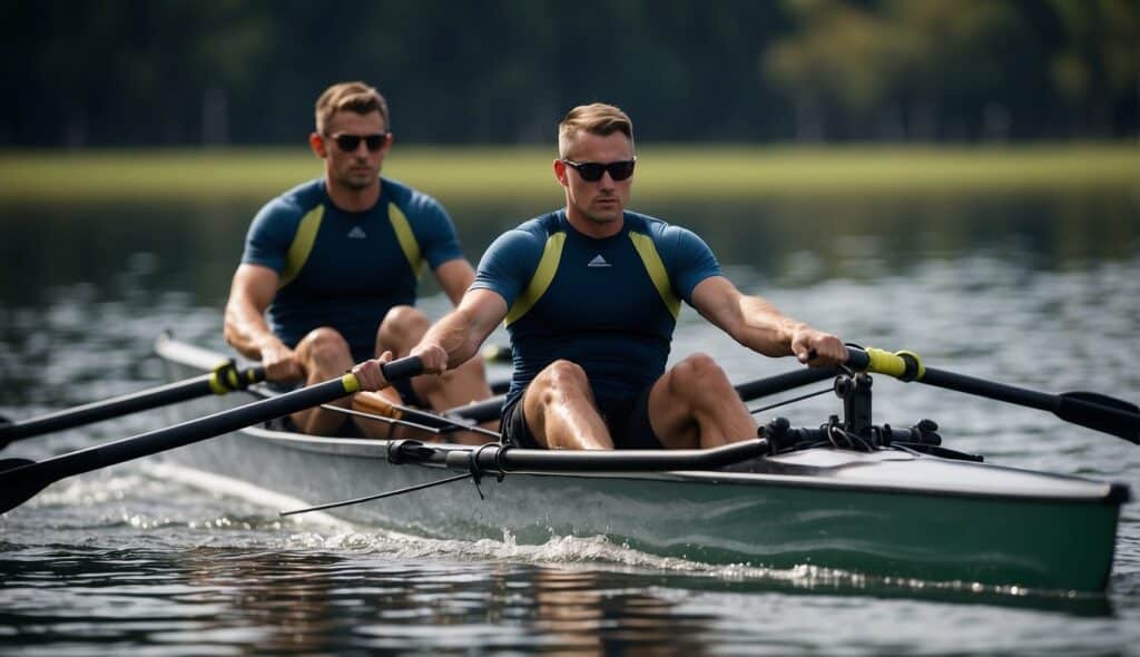 A rowing boat glides smoothly on the water, while rowers demonstrate proper form and technique to prevent injuries