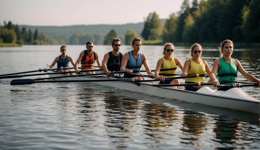 A group of young rowers practicing safety techniques on a calm river, supervised by coaches