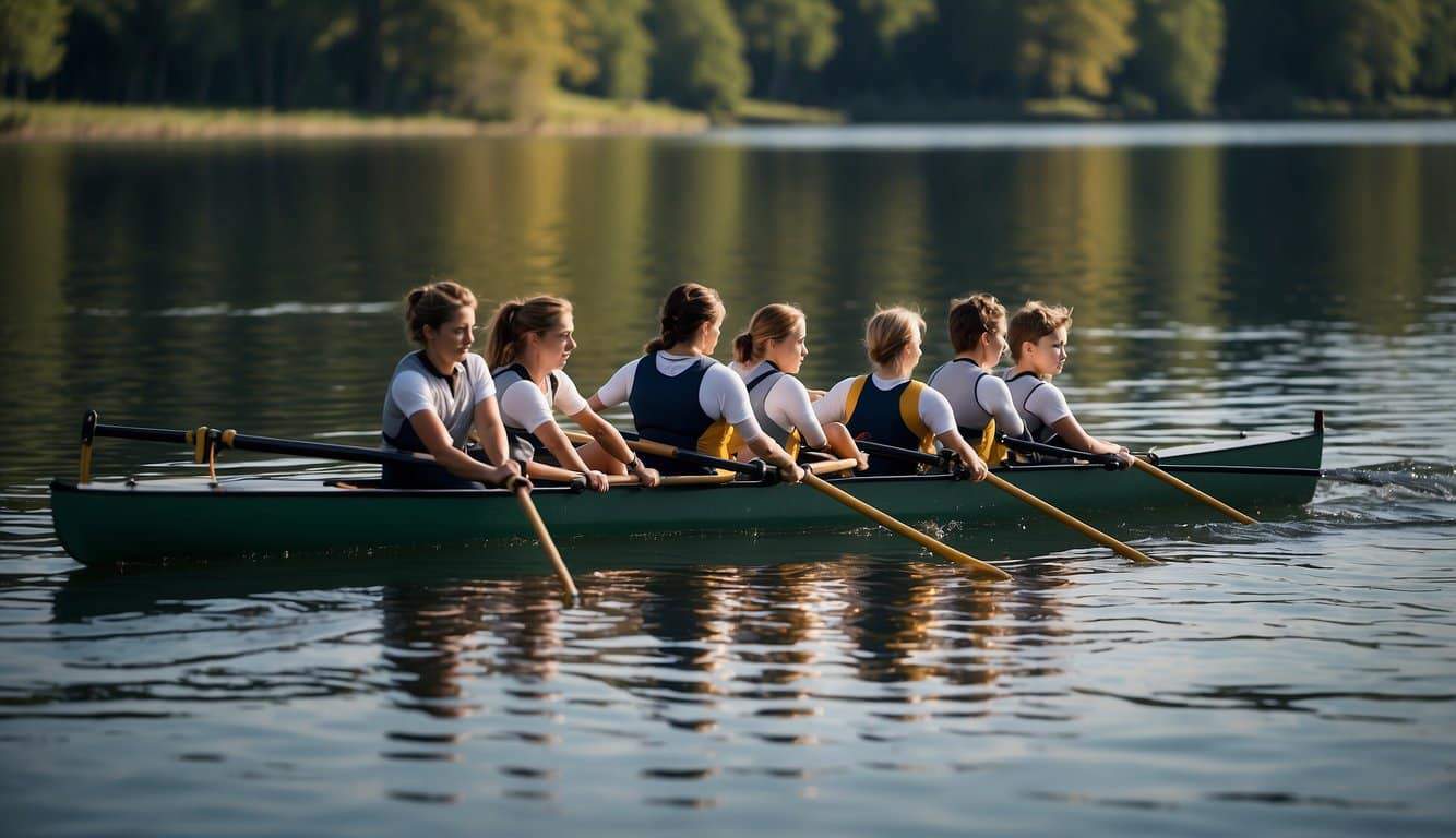 A group of rowing boats gliding across the water, with young athletes practicing their strokes under the guidance of coaches in a serene setting