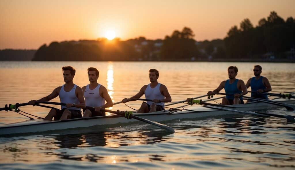 A group of young rowers train on the calm waters, guided by their coach in the distance. The sun sets behind them, casting a warm glow on the scene