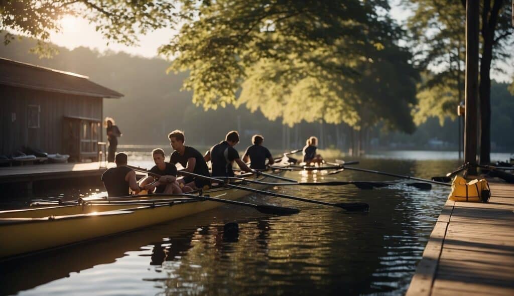 A group of young rowers gather at a boathouse, organizing equipment and preparing for a training session in the early morning light