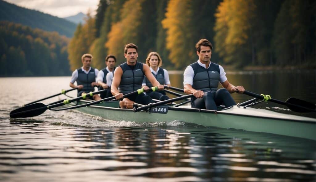 A rowing team glides across a serene lake, synchronized in their movements, building trust and teamwork