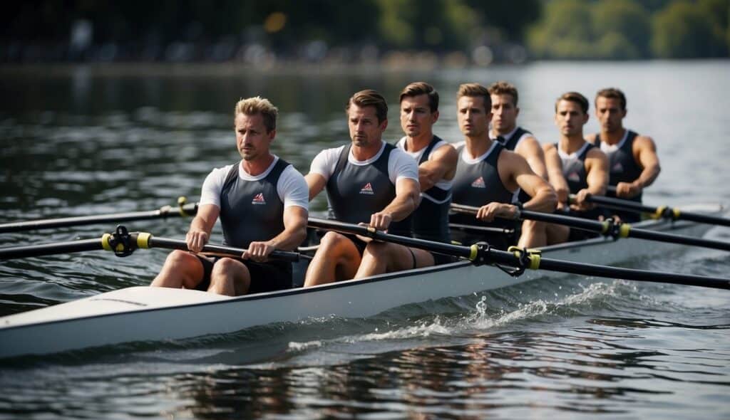 A group of rowers work together, synchronizing their movements to propel the boat forward. The team demonstrates unity and coordination as they navigate the water