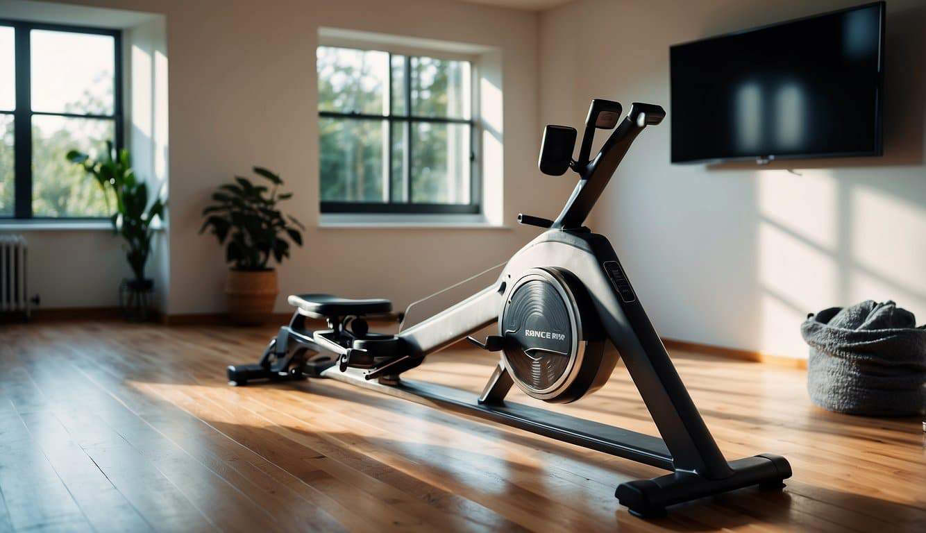 A rowing machine set up in a home gym, with a water bottle and towel nearby. The room is well-lit, with motivational posters on the wall