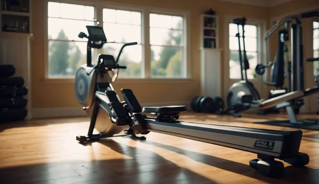 A rowing machine sits in a well-lit home gym, surrounded by fitness equipment. The machine's display shows metrics, and a water bottle rests on the floor