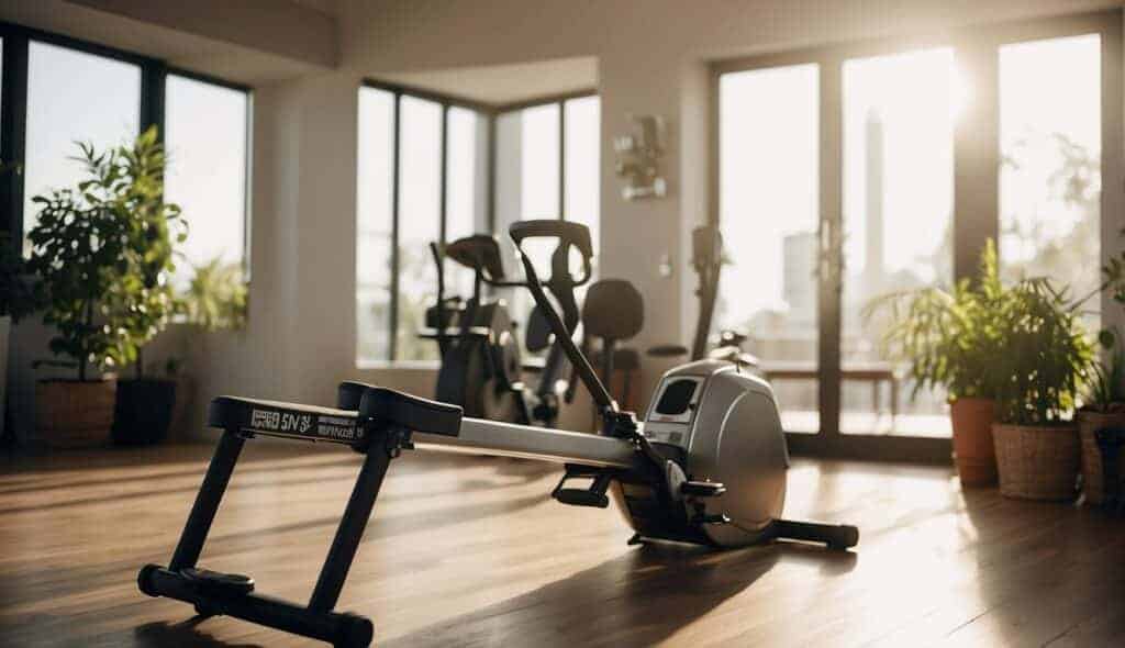 A person using a rowing machine at home, with a water bottle and towel nearby. The room is well-lit and spacious, with motivational posters on the wall