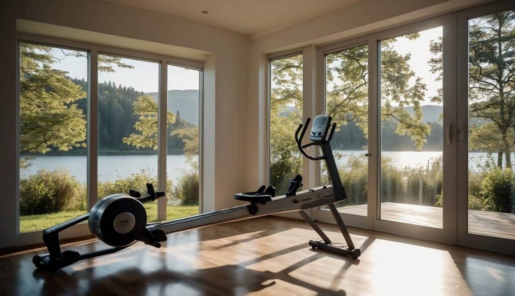 A person is using a rowing machine at home, with a water bottle and towel nearby. The room is well-lit and spacious, with a window showing a view of trees outside