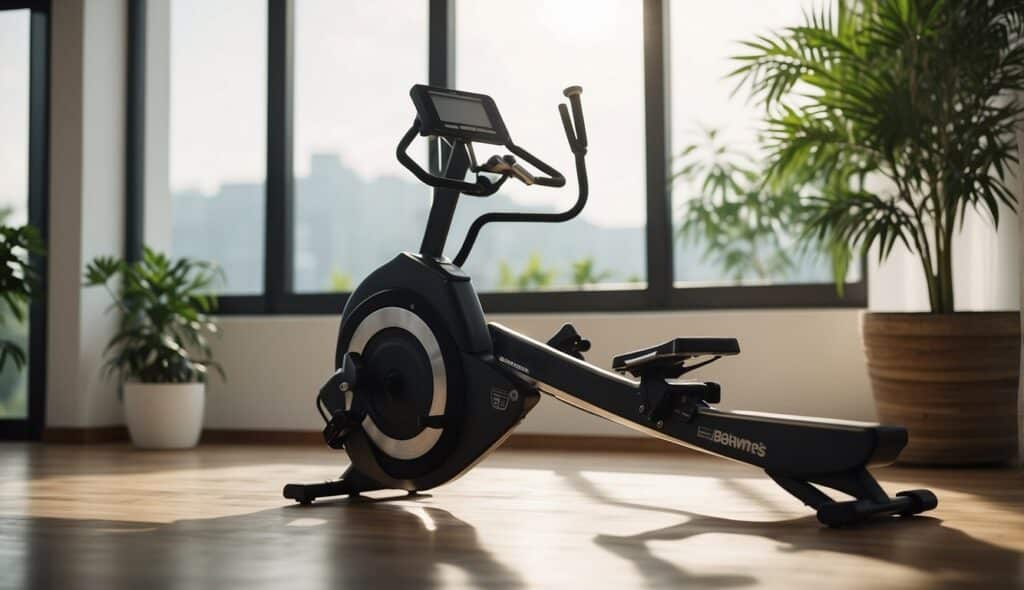 A rowing machine placed in a well-lit room with a plant in the corner. A water bottle and towel sit nearby. The machine's display shows a timer and distance