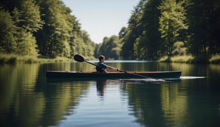 A single scull rowing boat gliding on calm water, with a backdrop of lush green trees and a clear blue sky